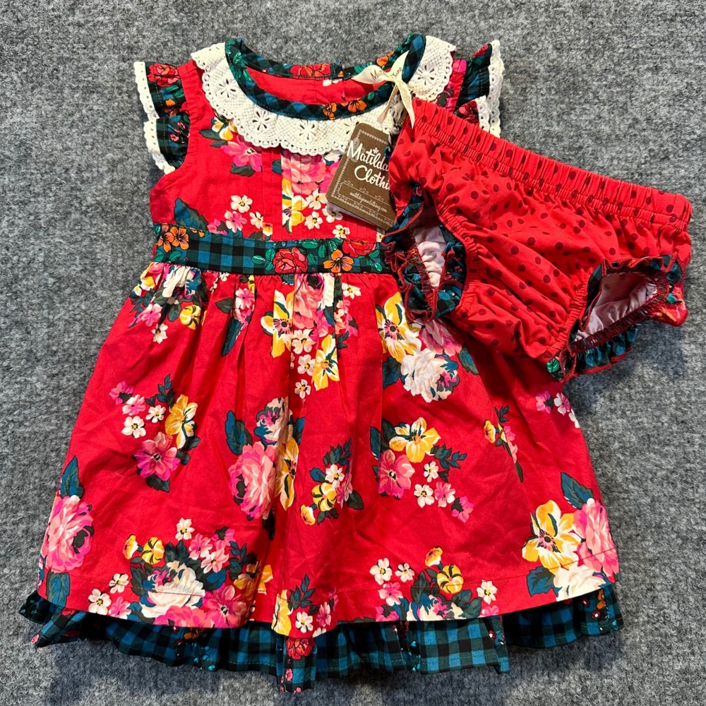 New Matilda Jane Dress Set Baby 6-12M Red Floral Cottagecore Bloomers